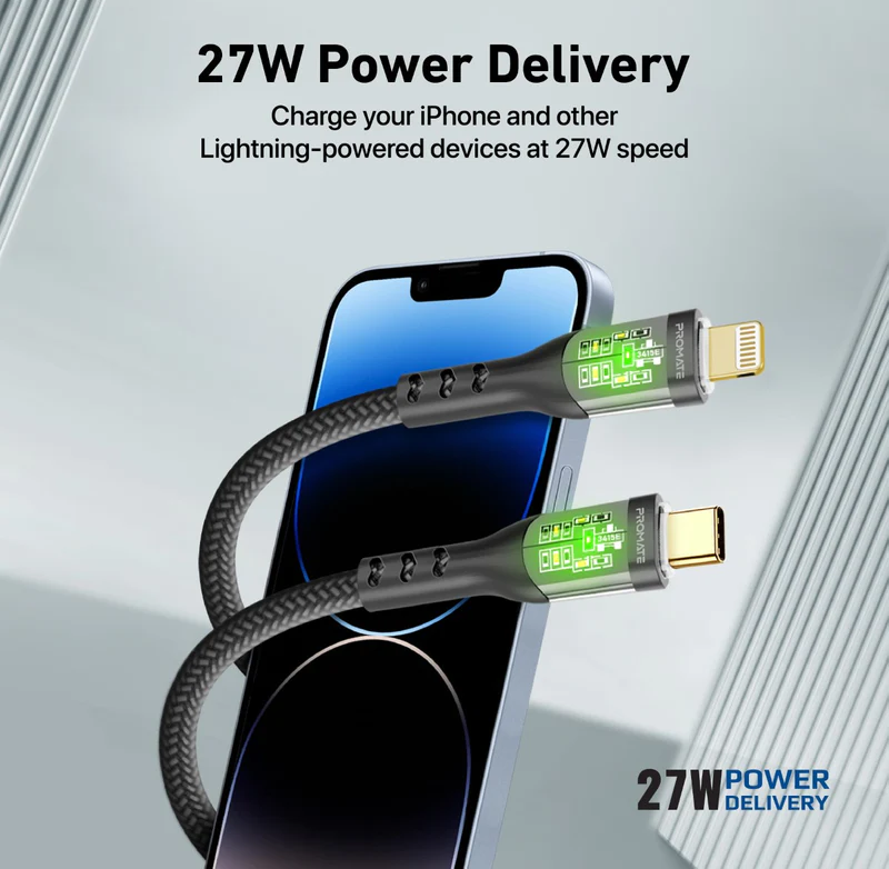Promate 27W USB-C to Lightning Transparent Shells Cable (TRANSLINE-CI) - 1.2M Length, 27W Power Delivery, LED Lights