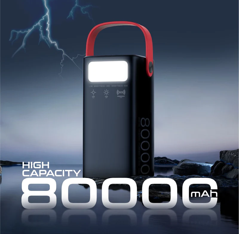 Promate 80000mAh Compact 65W Fast-Charging Power Pack (POWERMINE-80) - 65W Power Delivery, Lightning, USB-C & DC Input, USB-C & USB-A Output, LED Light, Quick Charge 3.0 Ports