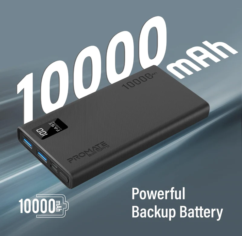 Promate 10000mAh Ultra Slim Compact Smart Charging Power Bank (BOLT-10PRO) - USB-C Input and Output, Micro-USB Input and 2 USB-A Output