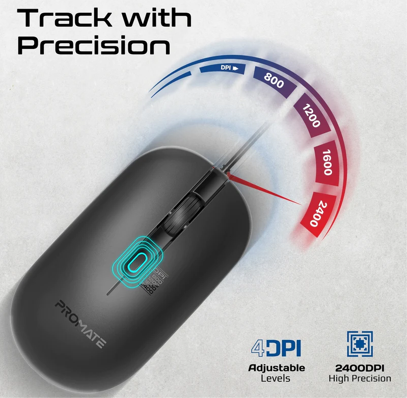 Promate Sleek 4 Button Wired Optical Mouse (CM-2400) - 2400 DPI, MaxComfort™ Adjustable DPI, 1.5M Cable Length