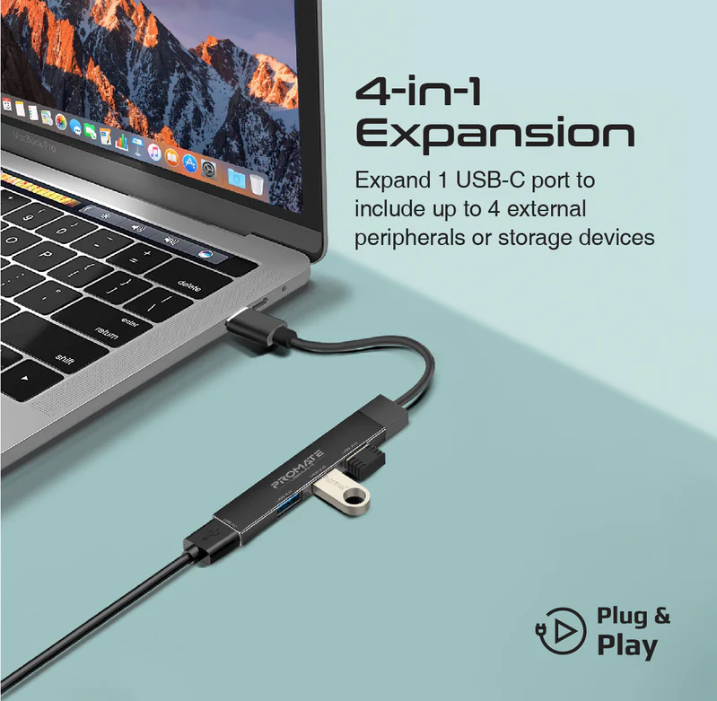 Promate 4-in-1 Multi-Port USB-C Data Hub (LITEHUB-4) - 4 USB Ports, USB-C to USB-A Adapter