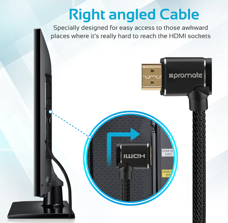 Promate HDMI (Male) - Right Angle HDMI (Male) Nylon Cable (PROLINK4K1-150) - 3D, 4K Ultra HD & Ethernet Support, 1.5M Length, Right Angled Input