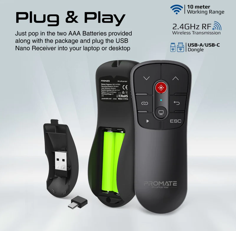 Promate 2.4GHz Wireless Presenter (PROPOINTER) - Presentation Controls, Laser Pointer