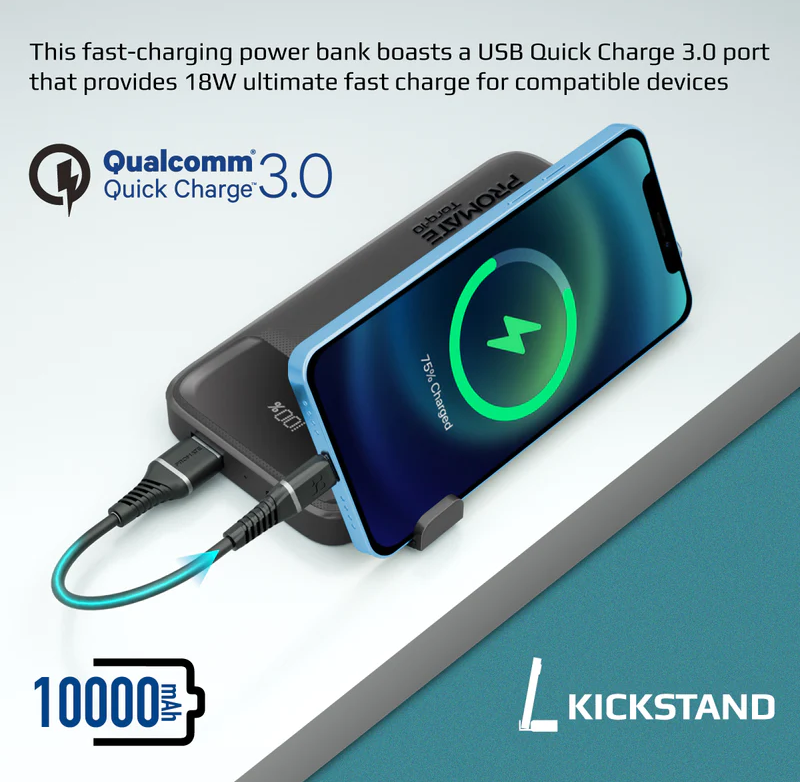 Promate 10000mAh Ultra Slim Power Bank (TORQ-10) - 20W Power Delivery, Quick Charge 3.0 Ports