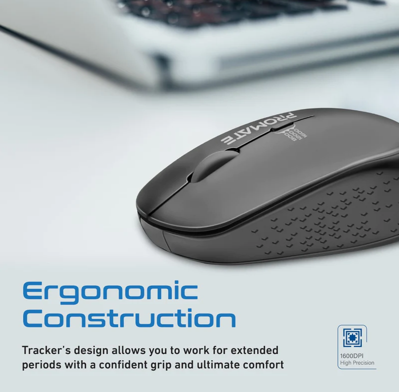 Promate 1600DPI Dual Tone Ergonomic Wireless Mouse (TRACKER) - Adjustable 1600 DPI, MaxComfort Ergonomic Design