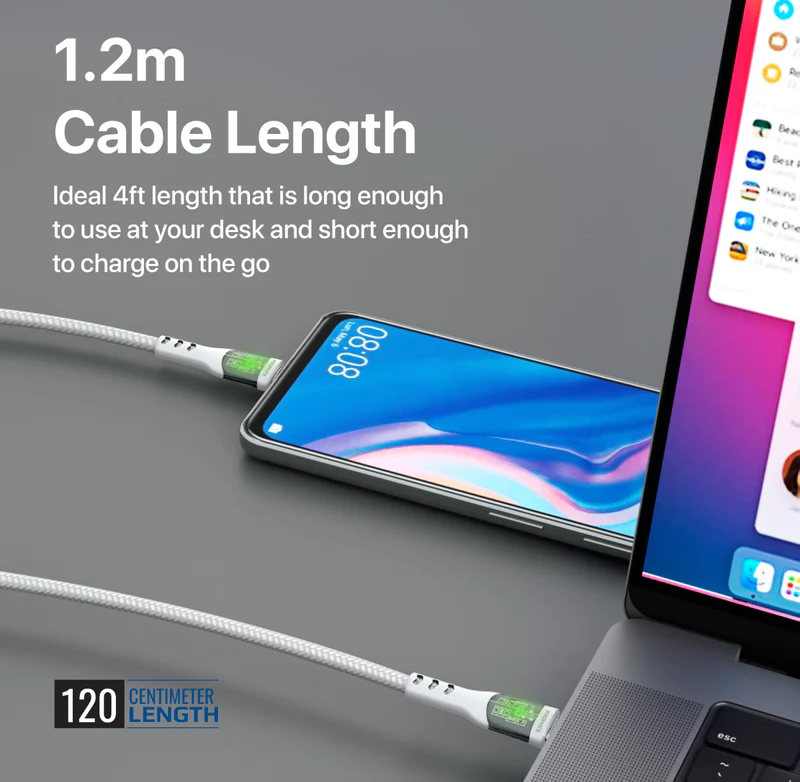 Promate 60W Ultra-Fast USB-C Transparent Shells Cable (TRANSLINE-CC) - 1.2M Length, 60W Power Delivery, LED Lights
