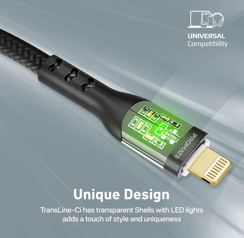 Promate 27W USB-C to Lightning Transparent Shells Cable (TRANSLINE-CI) - 1.2M Length, 27W Power Delivery, LED Lights