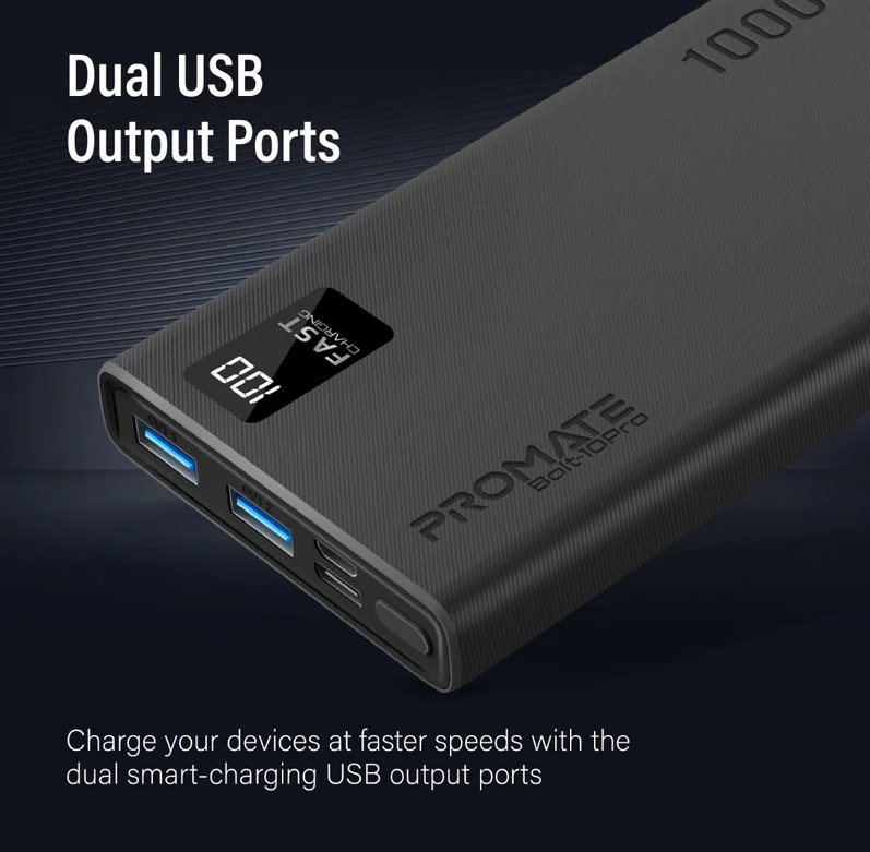 Promate 10000mAh Ultra Slim Compact Smart Charging Power Bank (BOLT-10PRO) - USB-C Input and Output, Micro-USB Input and 2 USB-A Output