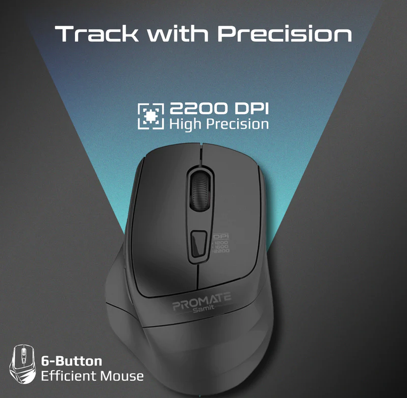 Promate 2200 DPI Silent Click Ergonomic Wireless Optical Mouse (SAMIT.BLACK) - Adjustable 2200 DPI, 6 Silent Keys Rated For 3 Million Key Strokes, Ergonomic Design