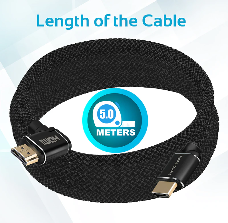 Promate HDMI (Male) - Right Angle HDMI (Male) Nylon Cable (PROLINK4K1-500) - 3D, 4K Ultra HD & Ethernet Support, 5M Length, Right Angled Input