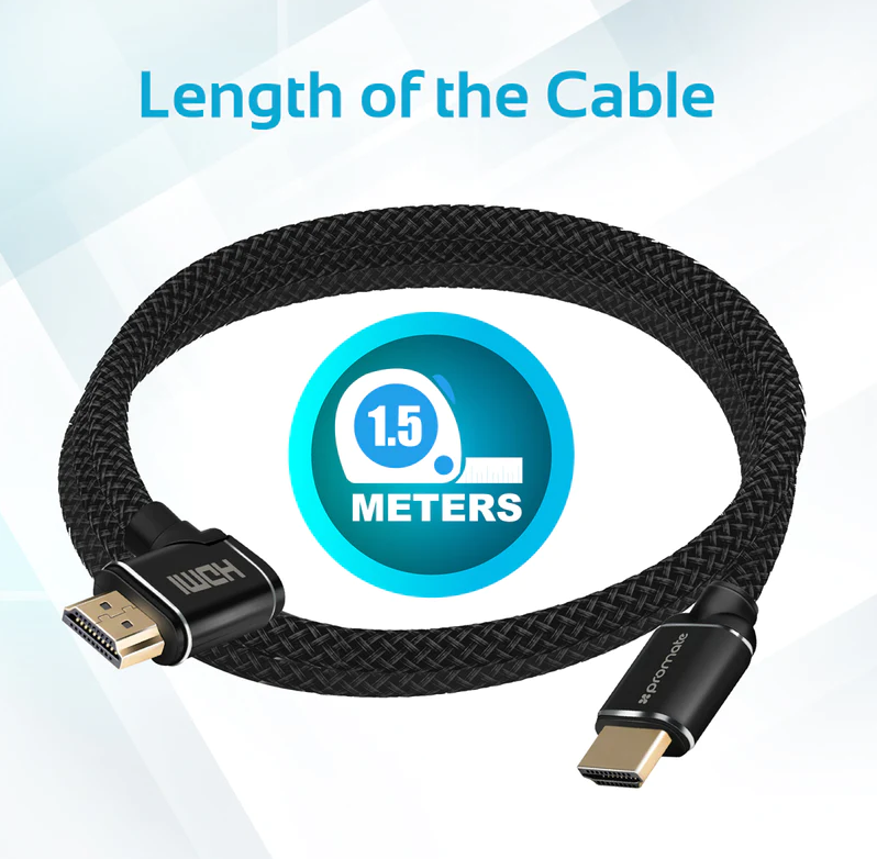 Promate HDMI (Male) - Right Angle HDMI (Male) Nylon Cable (PROLINK4K1-150) - 3D, 4K Ultra HD & Ethernet Support, 1.5M Length, Right Angled Input