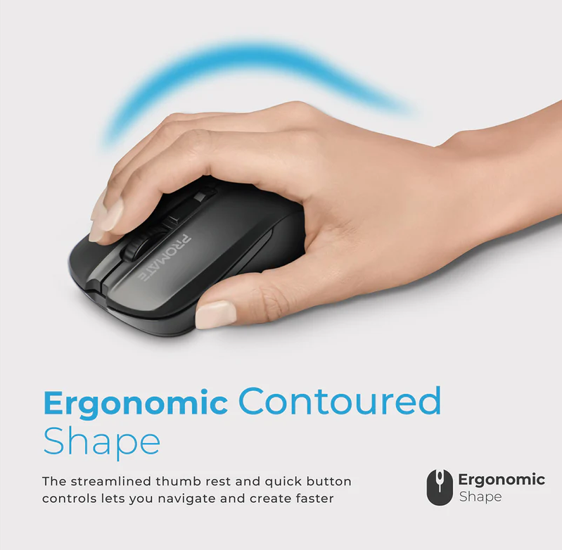 Promate 1600DPI Wireless Ergonomic Contoured Mouse (CONTOUR.BLACK) - Adjustable 1600 DPI, Comfort Performance