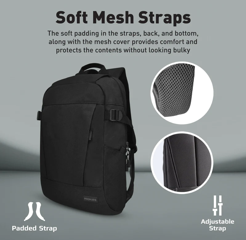 Promate 15.6" Casual ComfortStyle Laptop Backpack (BIRGER) - ComfortStyle Design, 2 Quick Access Pockets, For Laptops Up to 15.6"