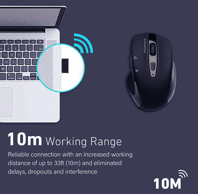 Promate 1600DPI Contoured Wireless Mouse (CURSOR.BLACK) - Adjustable 1600 DPI, EZGrip Ergonomic Design
