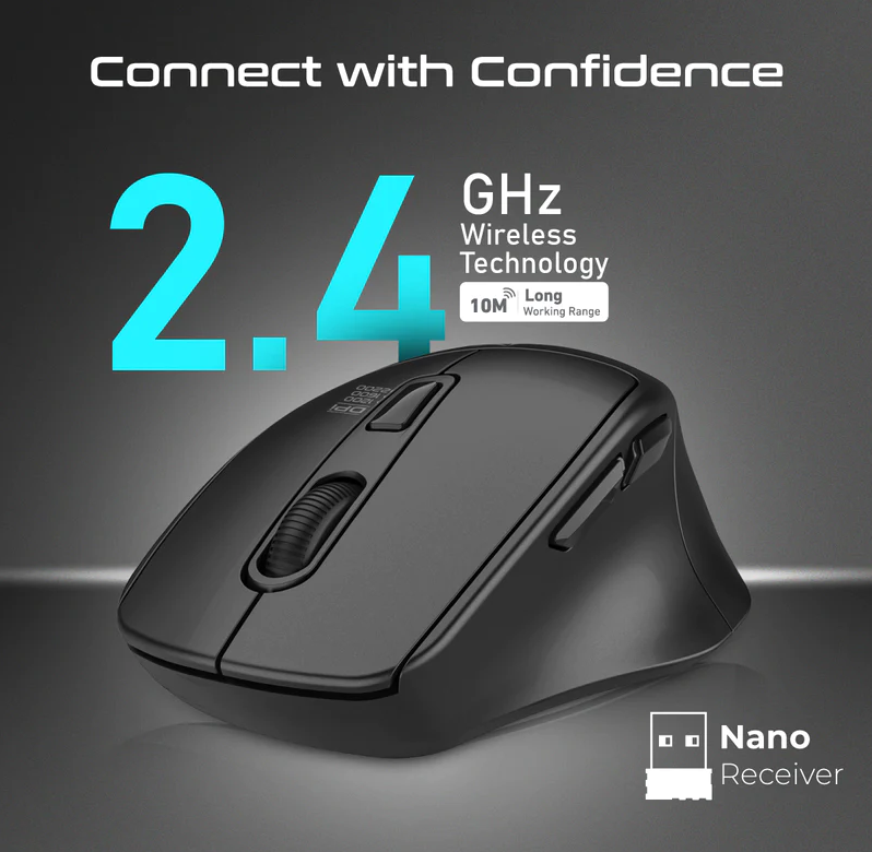 Promate 2200 DPI Silent Click Ergonomic Wireless Optical Mouse (SAMIT.BLACK) - Adjustable 2200 DPI, 6 Silent Keys Rated For 3 Million Key Strokes, Ergonomic Design