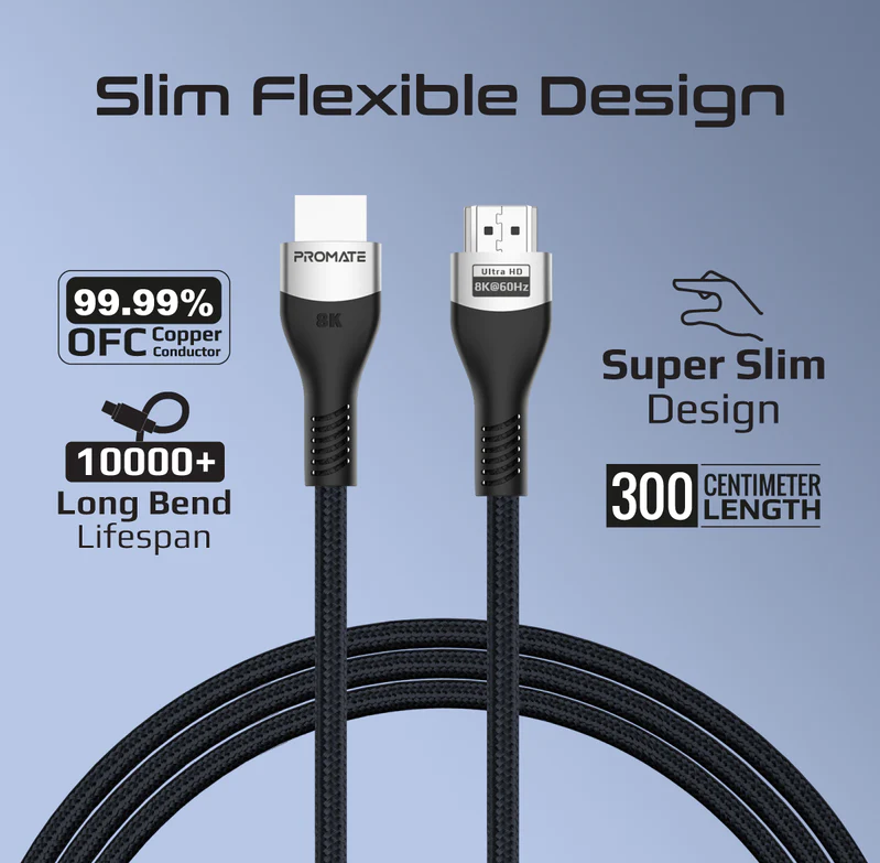 Promate 8K@60Hz Ultra High-Speed HDMI 2.1 Cable (PRIMELINK8K-300) - 8K@60Hz High-Definition, 3M Cable Length