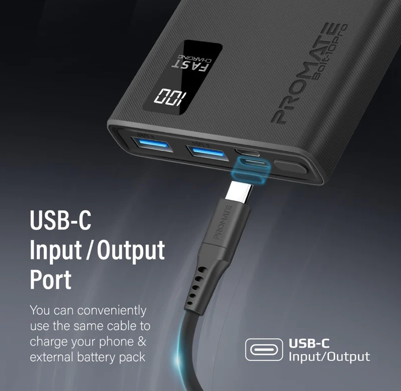 Promate 10000mAh Ultra Slim Compact Smart Charging Power Bank (BOLT-10PRO) - USB-C Input and Output, Micro-USB Input and 2 USB-A Output