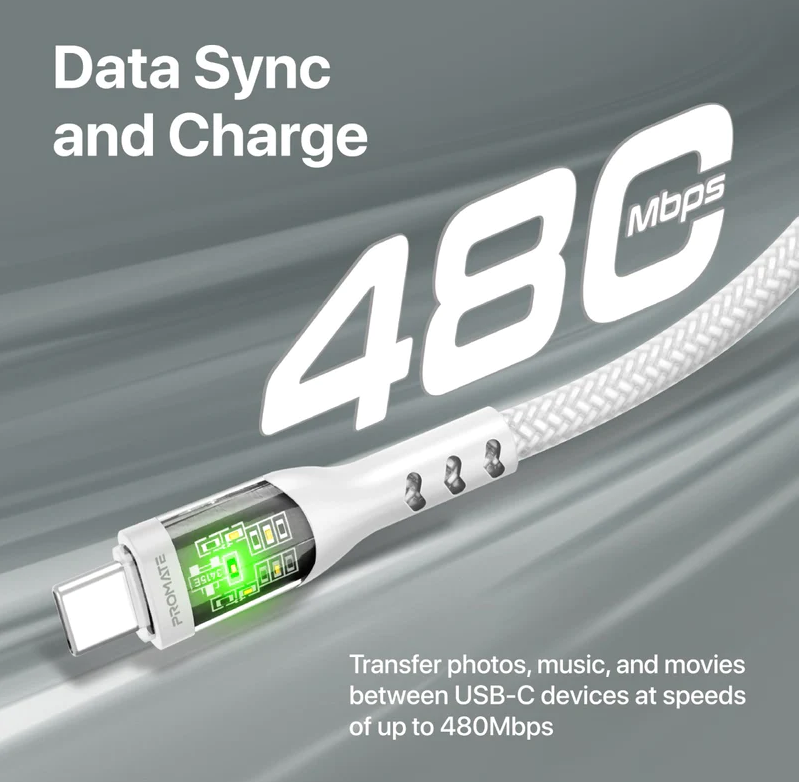 Promate 60W Ultra-Fast USB-C Transparent Shells Cable (TRANSLINE-CC) - 1.2M Length, 60W Power Delivery, LED Lights