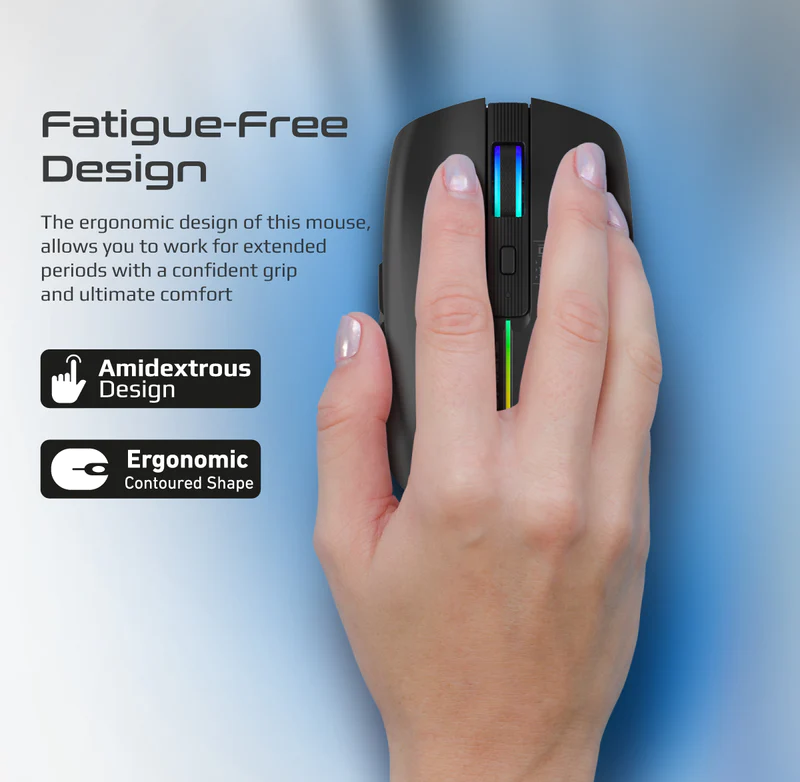 Promate Sleek Wireless Rechargeable Mouse (KITT.BLACK) - Adjustable 1600 DPI, 500mAh Rechargeable Battery, RGB Lighting