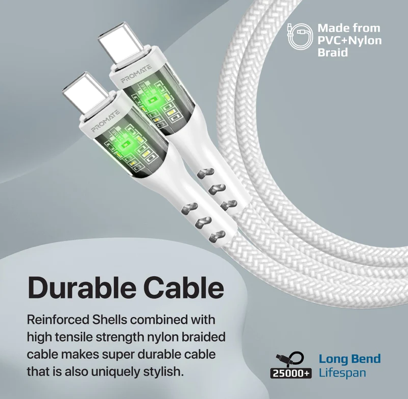 Promate 60W Ultra-Fast USB-C Transparent Shells Cable (TRANSLINE-CC) - 1.2M Length, 60W Power Delivery, LED Lights