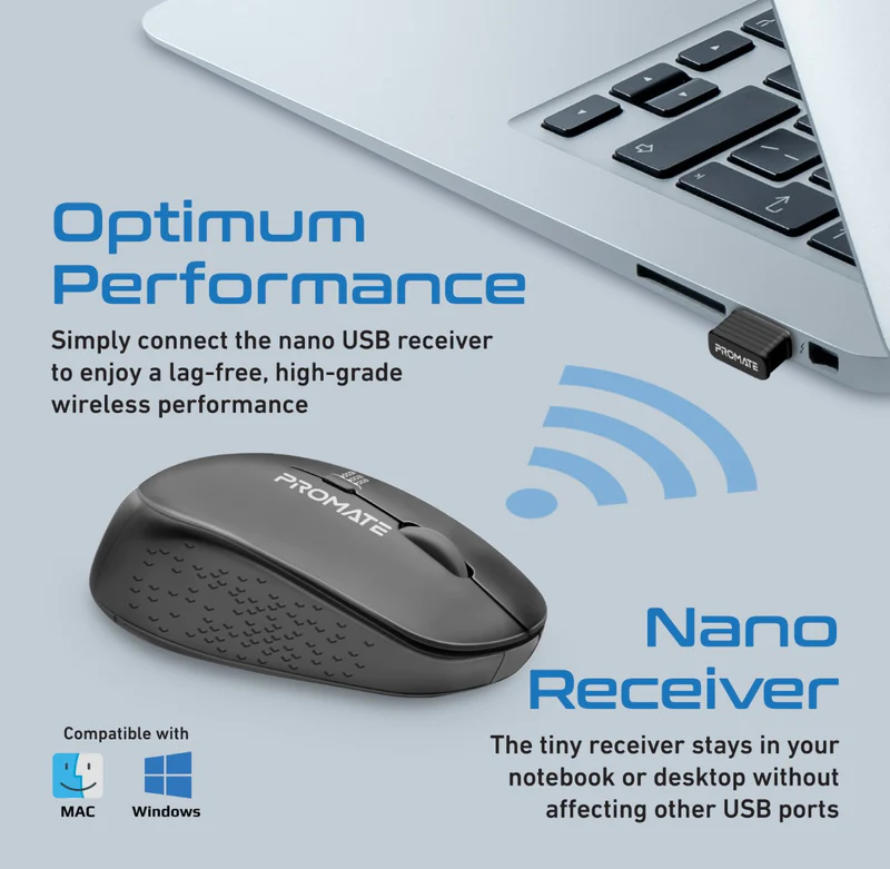 Promate 1600DPI Dual Tone Ergonomic Wireless Mouse (TRACKER) - Adjustable 1600 DPI, MaxComfort Ergonomic Design