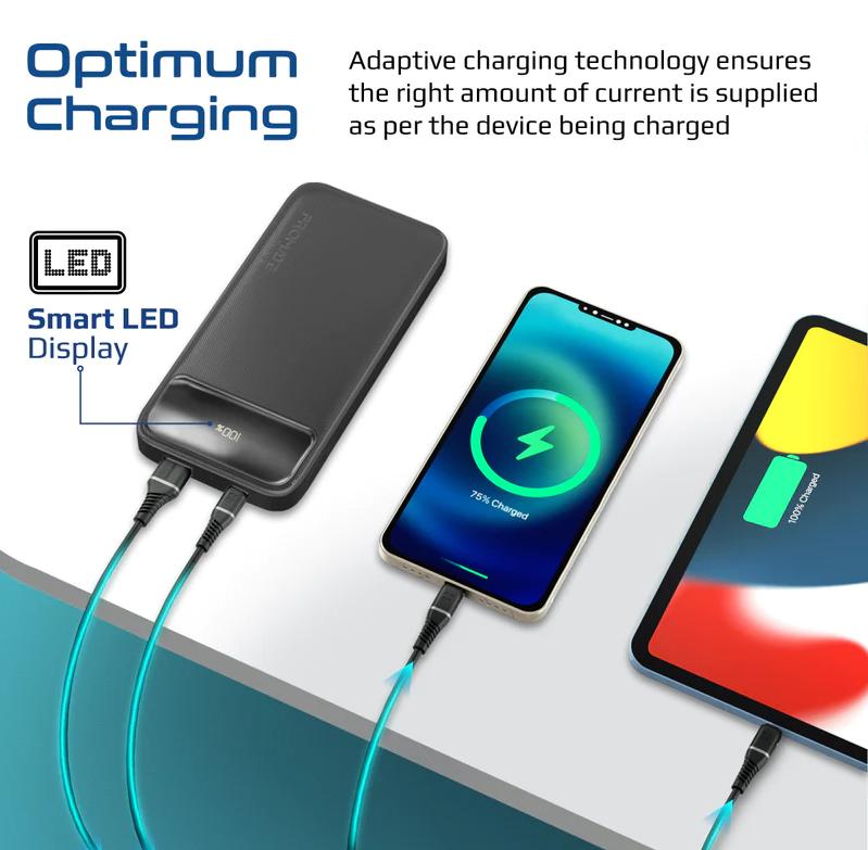 Promate 10000mAh Ultra Slim Power Bank (TORQ-10) - 20W Power Delivery, Quick Charge 3.0 Ports