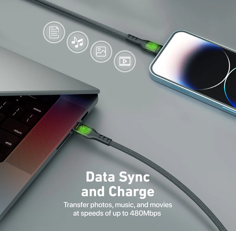 Promate 27W USB-C to Lightning Transparent Shells Cable (TRANSLINE-CI) - 1.2M Length, 27W Power Delivery, LED Lights