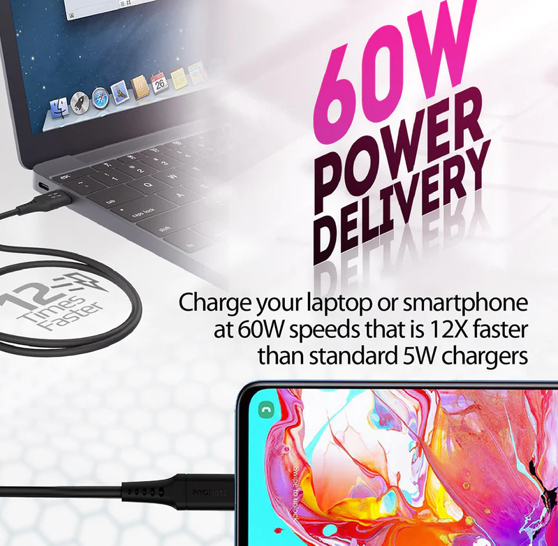 Promate  60W USB-C to USB-C Data and Charge Cable (POWERLINK-CC200) - 2M Length, 60W Power Delivery