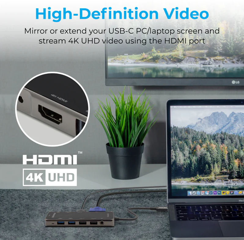 Promate 11 in 1 Ultra-Fast USB-C Hub (PRIMEHUB-PRO) - 100W Power Delivery, 4K HDMI, 1080p VGA, Dual Display Support, 1000Mbps LAN, SD/TF, AUX, USB-C Data, USB3.0 & USB 2.0 Ports