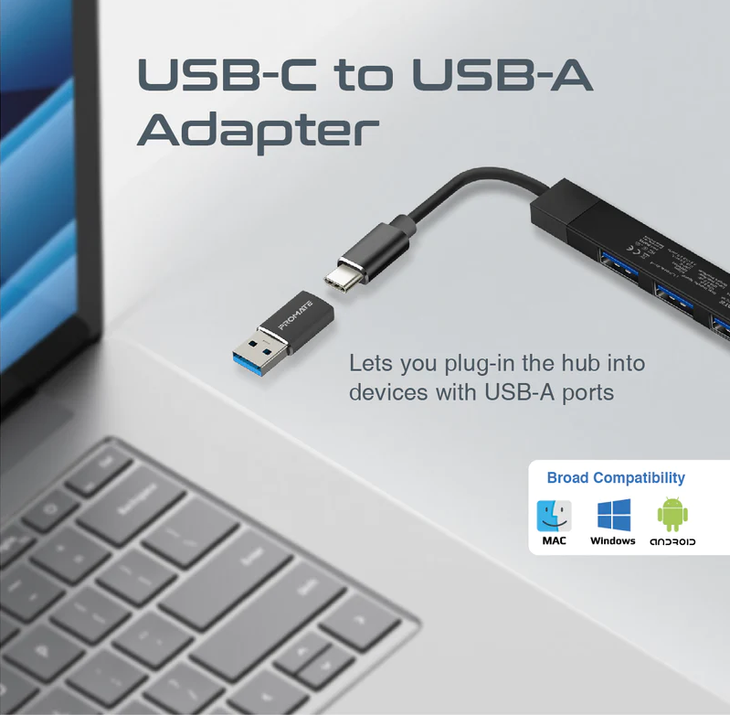 Promate 4-in-1 Multi-Port USB-C Data Hub (LITEHUB-4) - 4 USB Ports, USB-C to USB-A Adapter