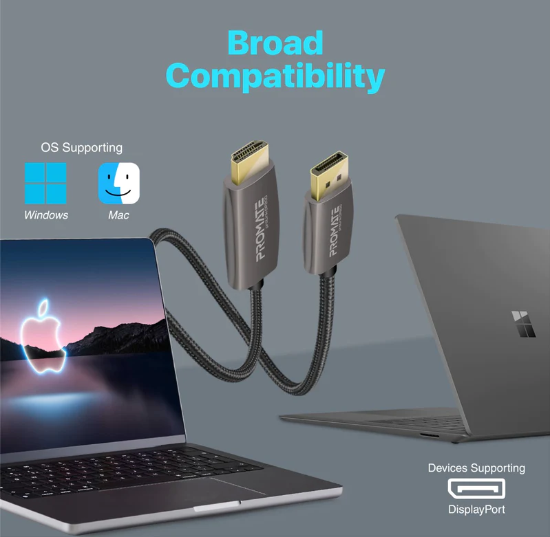 Promate 4K@60Hz DisplayPort to HDMI Cable (PROLINK-DP200) - 4K@60Hz High-Definition, 2m Cable Length