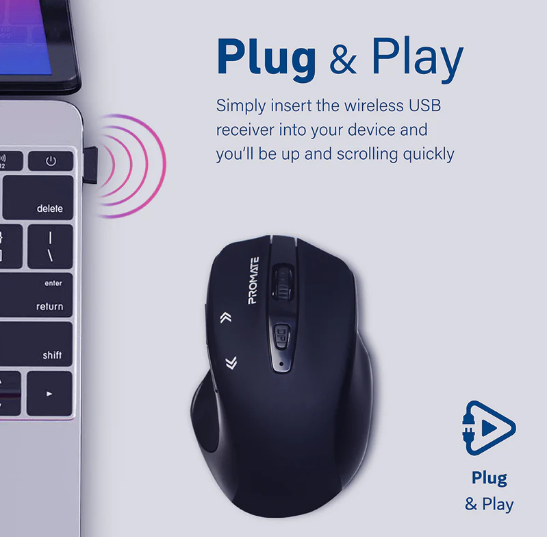 Promate 1600DPI Contoured Wireless Mouse (CURSOR.BLACK) - Adjustable 1600 DPI, EZGrip Ergonomic Design