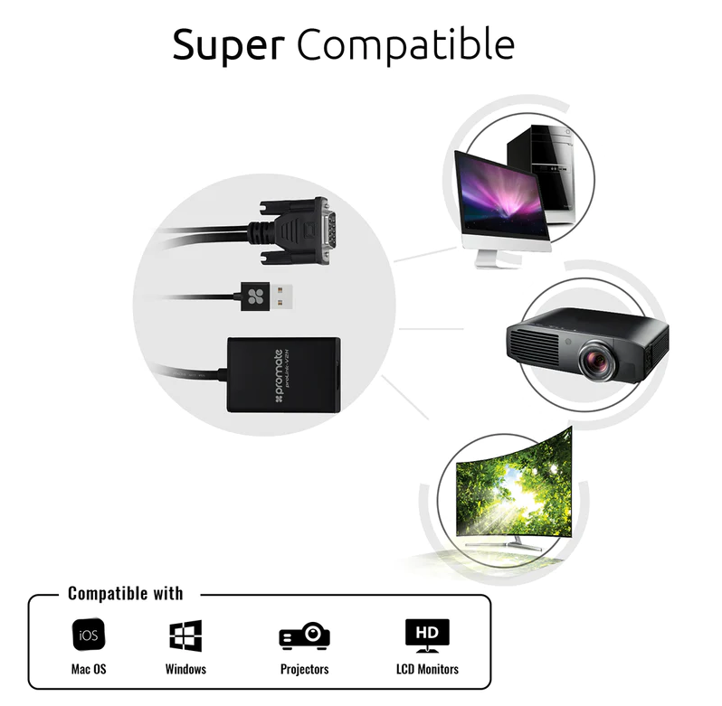 Promate HDMI to VGA Display Adaptor (PROLINK-V2H) - 1080p HD Resolution Support, Plug & Play Support, Built-in USB Cable for Audio & Power