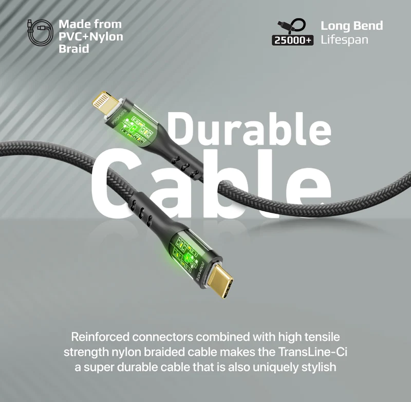 Promate 27W USB-C to Lightning Transparent Shells Cable (TRANSLINE-CI) - 1.2M Length, 27W Power Delivery, LED Lights
