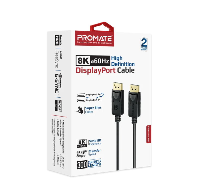Promate 8K DisplayPort to DisplayPort Cable (DPLINK-300) - 8K@60Hz High-Definition, 3m Cable Length