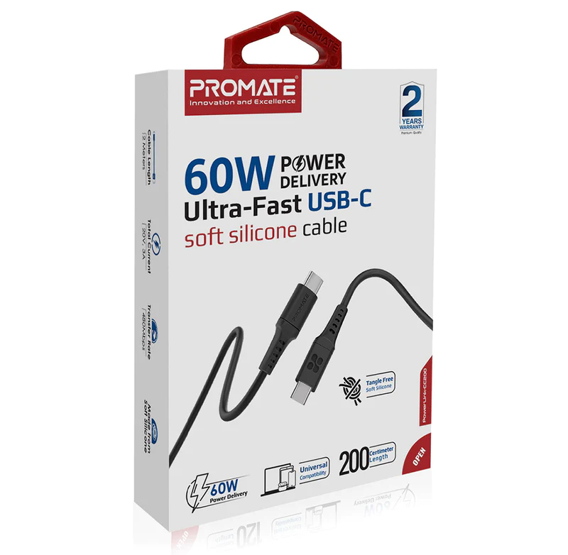 Promate  60W USB-C to USB-C Data and Charge Cable (POWERLINK-CC200) - 2M Length, 60W Power Delivery