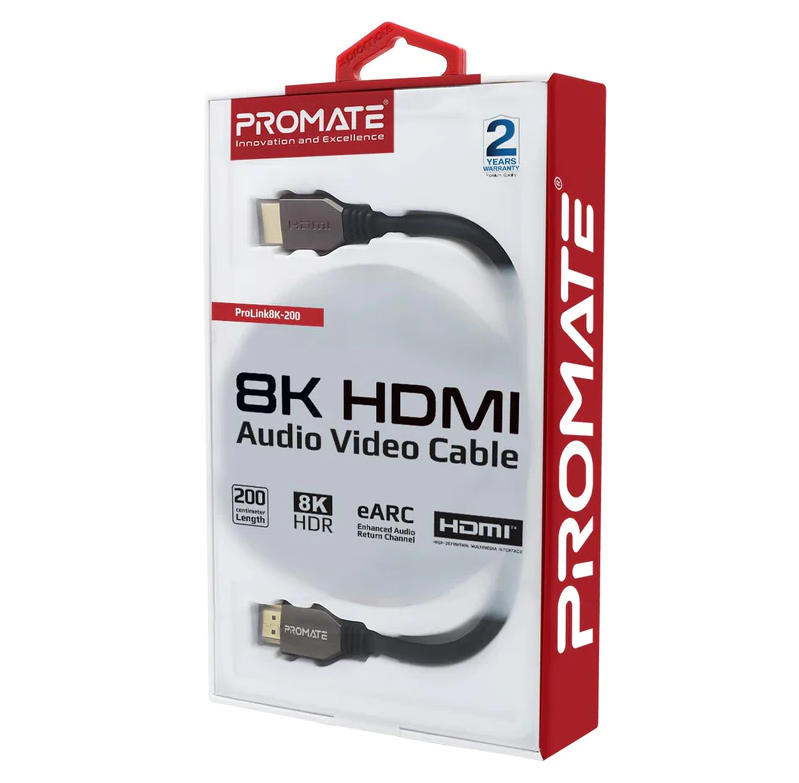 Promate 8K@60Hz Ultra High-Speed HDMI 2.1 Cable (PROLINK8K-200) - 8K@60Hz High-Definition, 48Gbps Bandwidth, EARC Support, 2M Cable Length