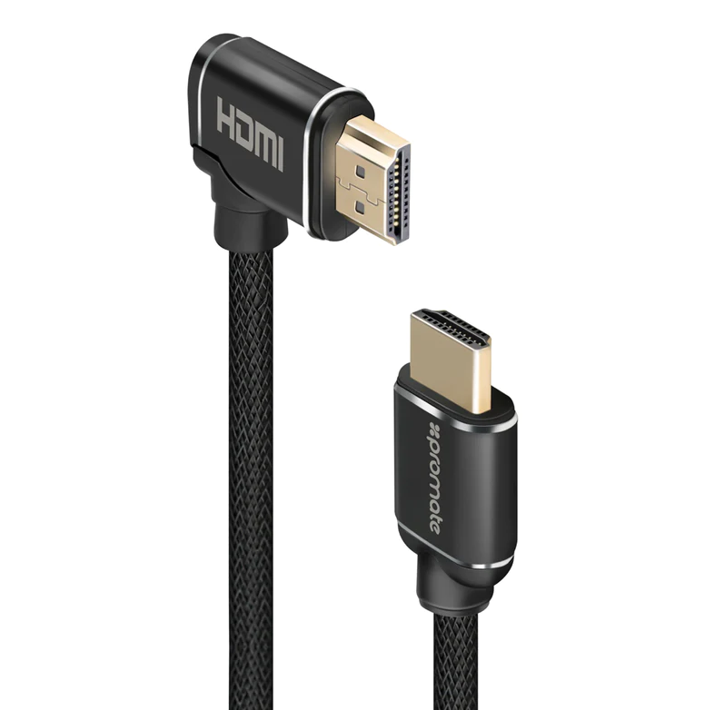 Promate HDMI (Male) - Right Angle HDMI (Male) Nylon Cable (PROLINK4K1-150) - 3D, 4K Ultra HD & Ethernet Support, 1.5M Length, Right Angled Input