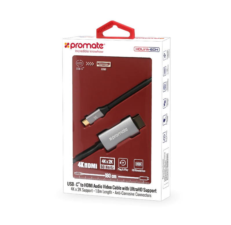 Promate 4K x 2K(60Hz) USB-C to HDMI 2.0 Audio Video Cable (HDLINK-60H) - 4K x 2K@60Hz High-Definition, 1.8M Cable Length, USB-C & HDMI Interfaces