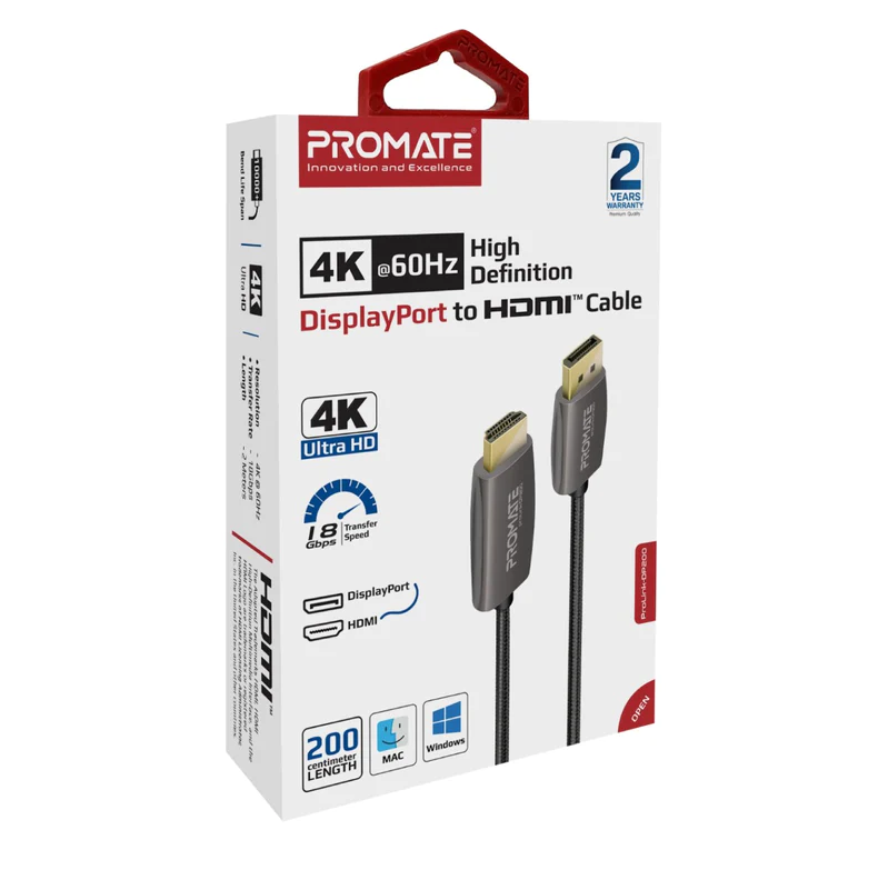Promate 4K@60Hz DisplayPort to HDMI Cable (PROLINK-DP200) - 4K@60Hz High-Definition, 2m Cable Length