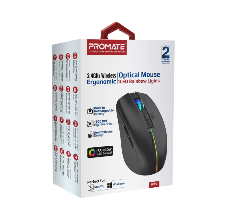 Promate Sleek Wireless Rechargeable Mouse (KITT.BLACK) - Adjustable 1600 DPI, 500mAh Rechargeable Battery, RGB Lighting