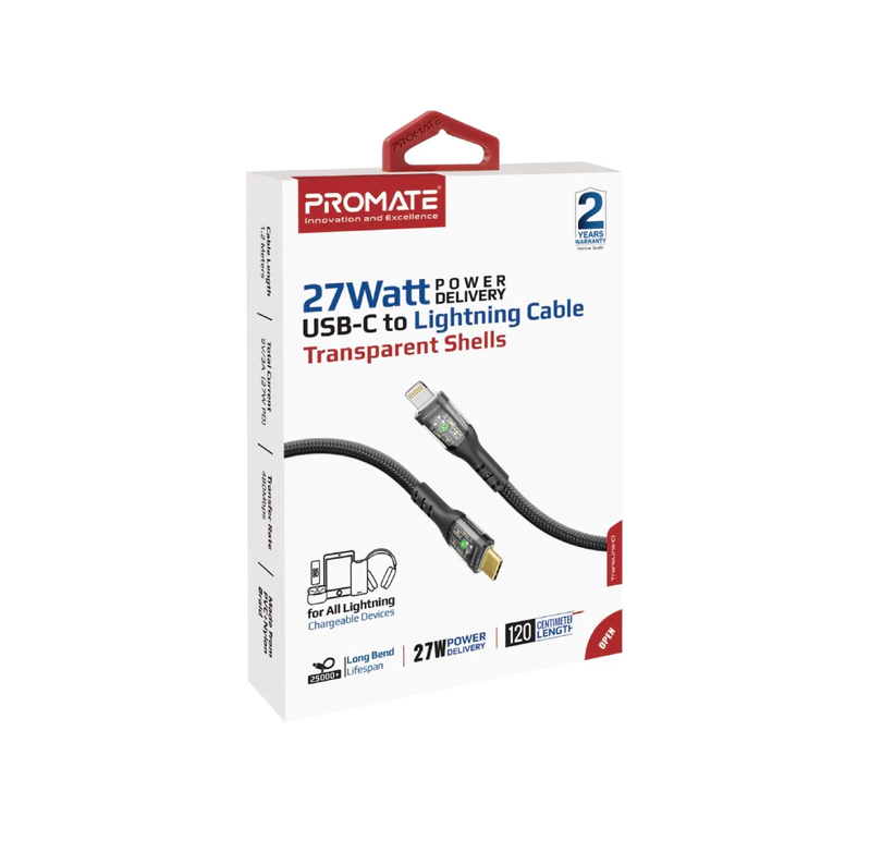 Promate 27W USB-C to Lightning Transparent Shells Cable (TRANSLINE-CI) - 1.2M Length, 27W Power Delivery, LED Lights