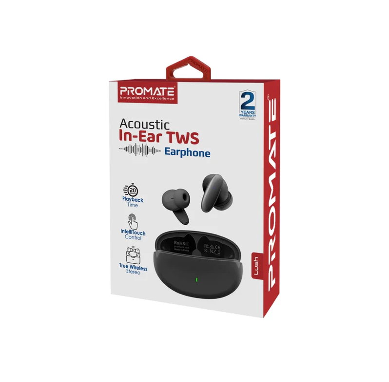 Promate Compact Bluetooth v5.1 TWS IPX5 Earphones (LUSH.BLACK) - 5 Hours Playing Time, Intellitouch Control, Water Resistant