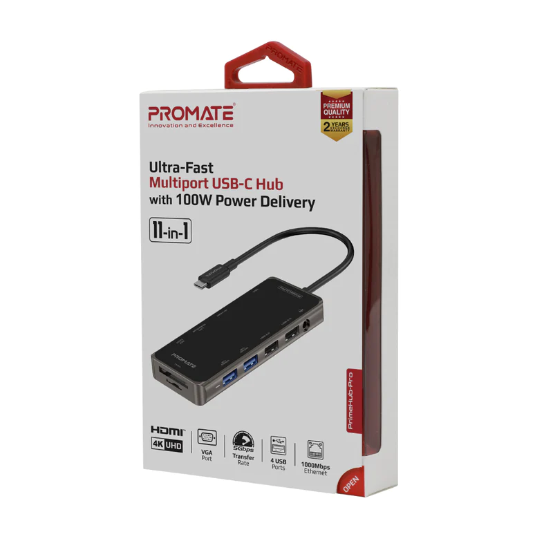 Promate 11 in 1 Ultra-Fast USB-C Hub (PRIMEHUB-PRO) - 100W Power Delivery, 4K HDMI, 1080p VGA, Dual Display Support, 1000Mbps LAN, SD/TF, AUX, USB-C Data, USB3.0 & USB 2.0 Ports