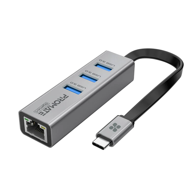 Promate Multi-Port USB-C Hub (GIGAHUB-C) - USB 3.0 Ports, 5Gbps Sync, 1000Mbps Ethernet Adapter