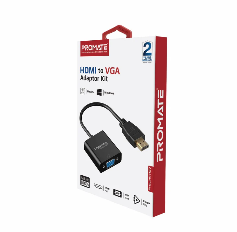 Promate HDMI to VGA Display Adaptor (PROLINK-H2V) - 1080p HD Resolution Support, Plug & Play Support