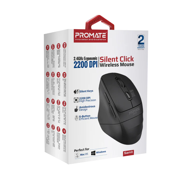Promate 2200 DPI Silent Click Ergonomic Wireless Optical Mouse (SAMIT.BLACK) - Adjustable 2200 DPI, 6 Silent Keys Rated For 3 Million Key Strokes, Ergonomic Design