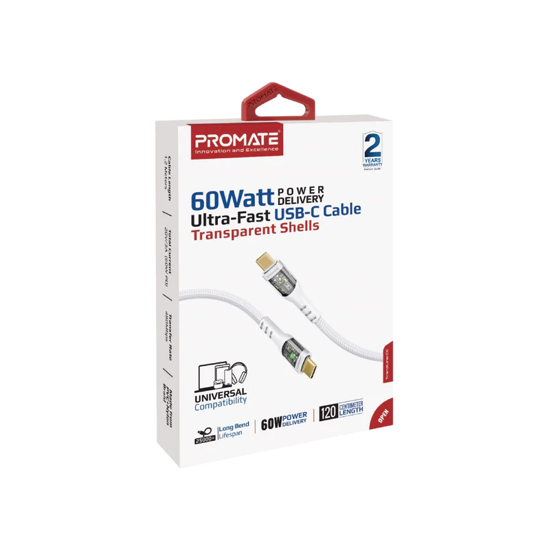 Promate 60W Ultra-Fast USB-C Transparent Shells Cable (TRANSLINE-CC) - 1.2M Length, 60W Power Delivery, LED Lights