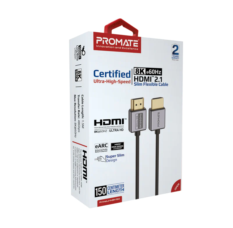 Promate 8K@60Hz Ultra High-Speed HDMI 2.1 Cable (PRIMELINK8K-150) - 8K@60Hz High-Definition, 1.5M Cable Length