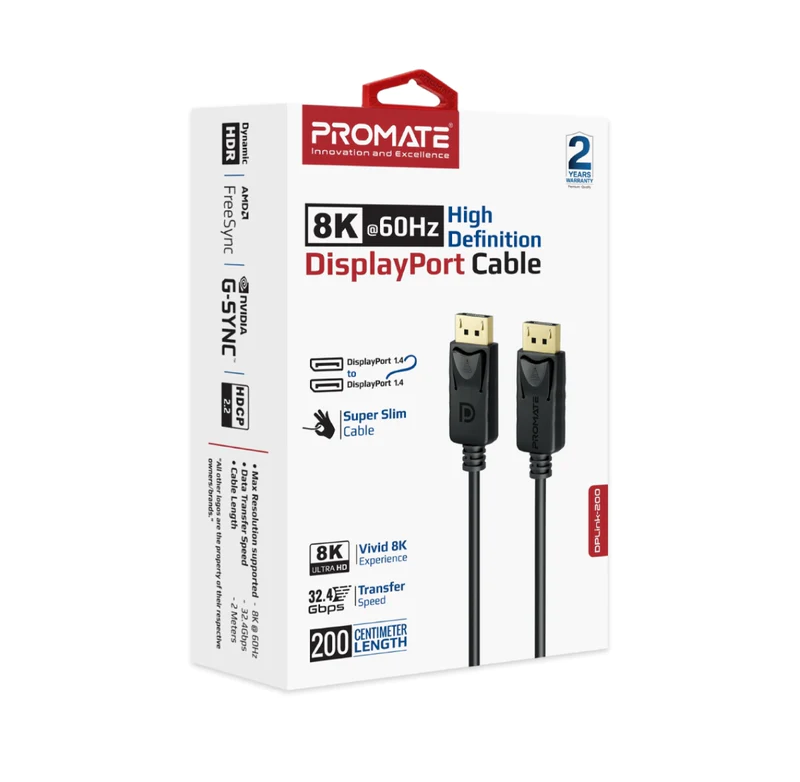 Promate 8K DisplayPort to DisplayPort Cable (DPLINK-200) - 8K@60Hz High-Definition, 2m Cable Length